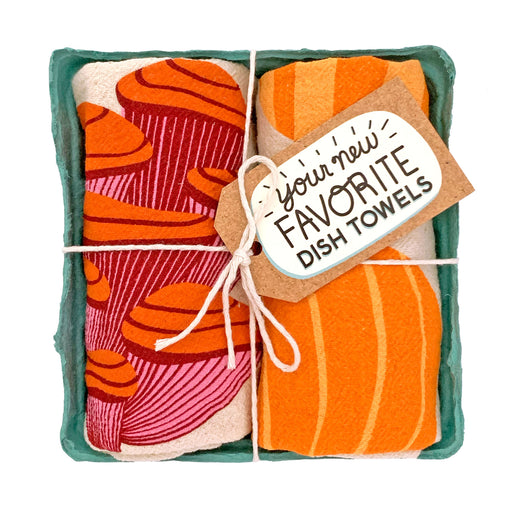 Fall feast dish towel set, folded in a green berry basket tied with a gift tag