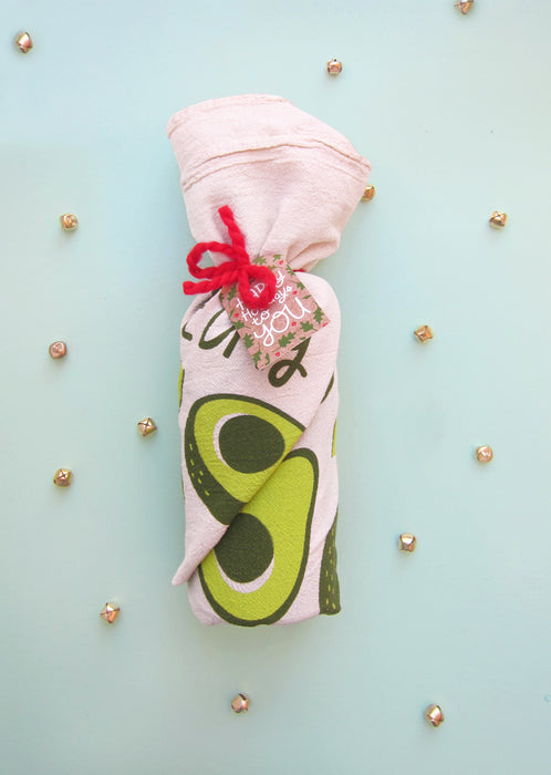 Avocado dish towel used as gift wrapping paper