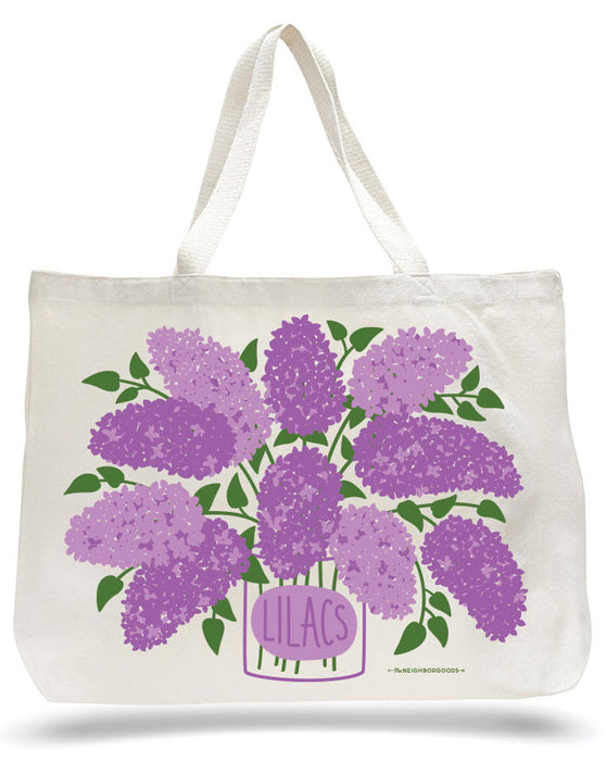 Large canvas tote bag with lilacs design