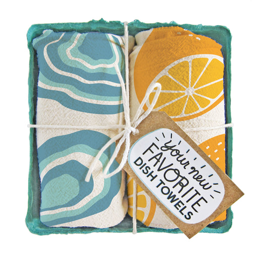 Fresh oysters dish towel set, folded in a green berry basket tied with a gift tag