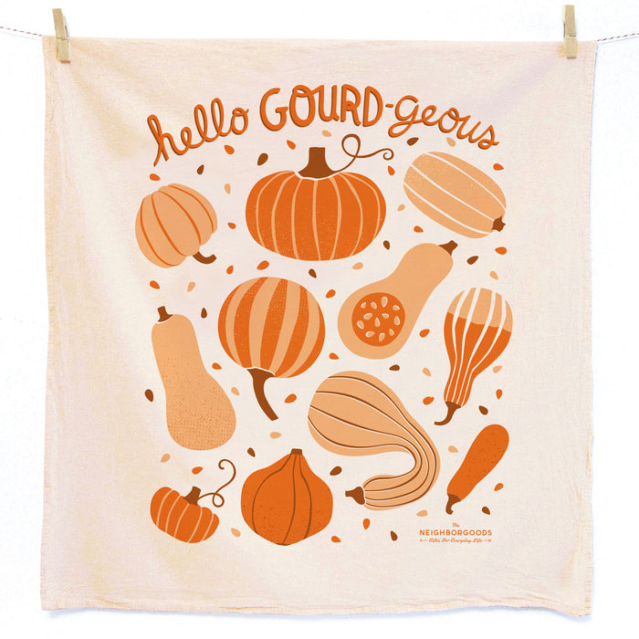 Cotton dish towel with gourds design, featuring the phrase "Hello Gourd-geous"