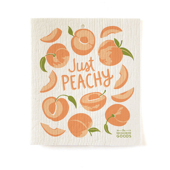 Reusable Swedish sponge cloth with peaches design, featuring the phrase "Just peachy"