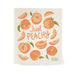 Reusable Swedish sponge cloth with peaches design, featuring the phrase "Just peachy"