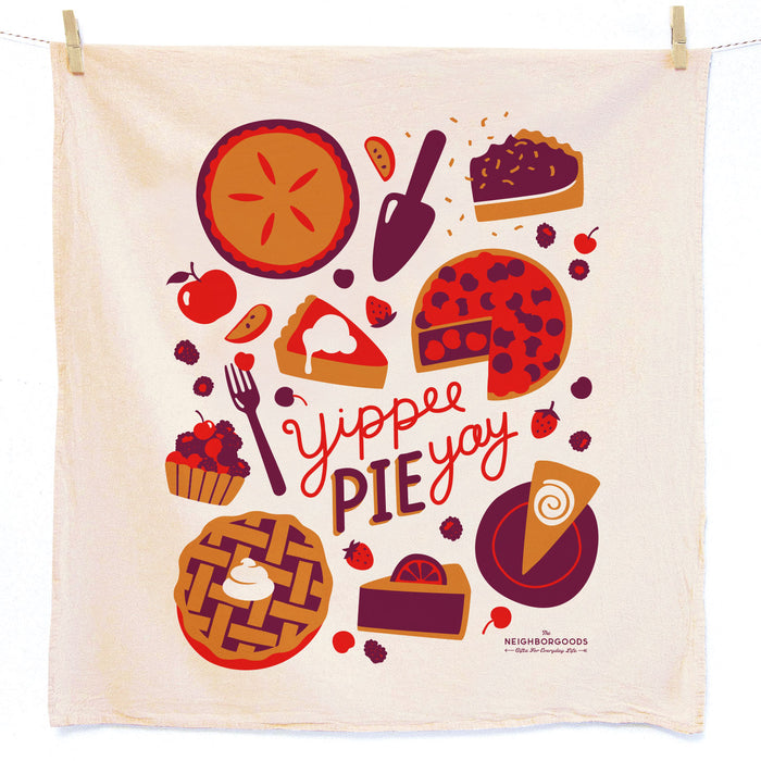 Cotton dish towel with pies design, featuring the phrase "Yippee pie yay"