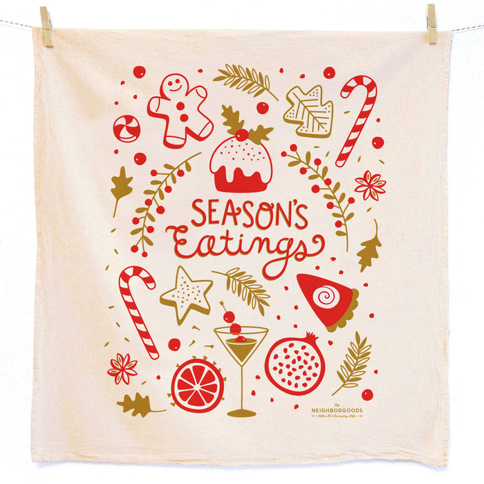 Cotton dish towel with holiday goodies design, featuring the phrase "Season's eatings"
