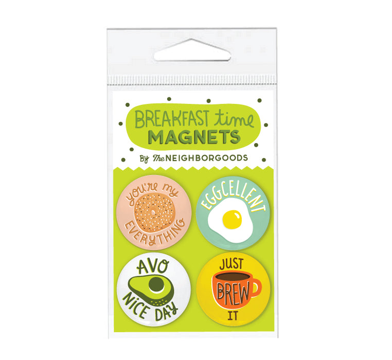 Breakfast Time set of 4 magnets with foodie designs, featuring the phrases "You're my everything," "Eggcellent," "Avo nice day," and "Just brew it"