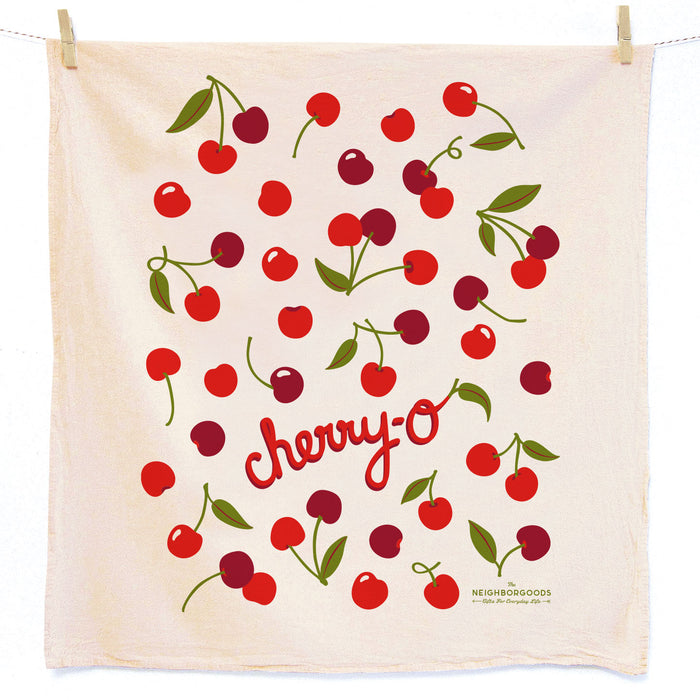 Cotton dish towel with cherries print, featuring the phrase "Cherry-o"