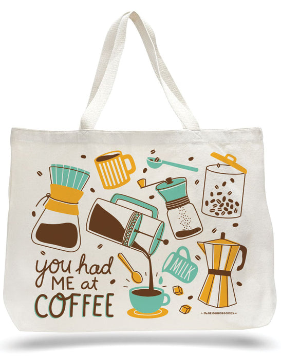 Large canvas tote bag with coffee design, featuring the phrase "You had me at coffee"