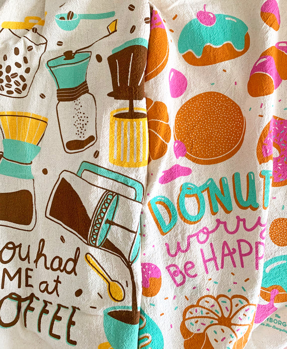 Screen-printed coffee and donut dish towels.