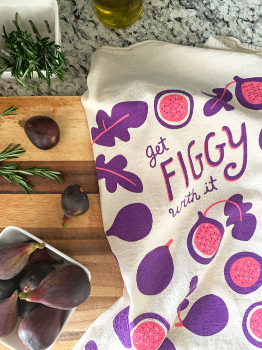 Get Figgy With It screen-printed dish towel on cutting board
