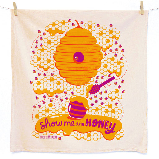 Screen-printed Show Me the Honey dish towel