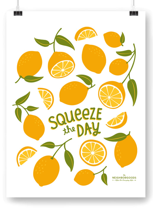 Lemons design print, feasturiong the phrase "Squeeze the Day," with the Neighborgoods logo at the bottom