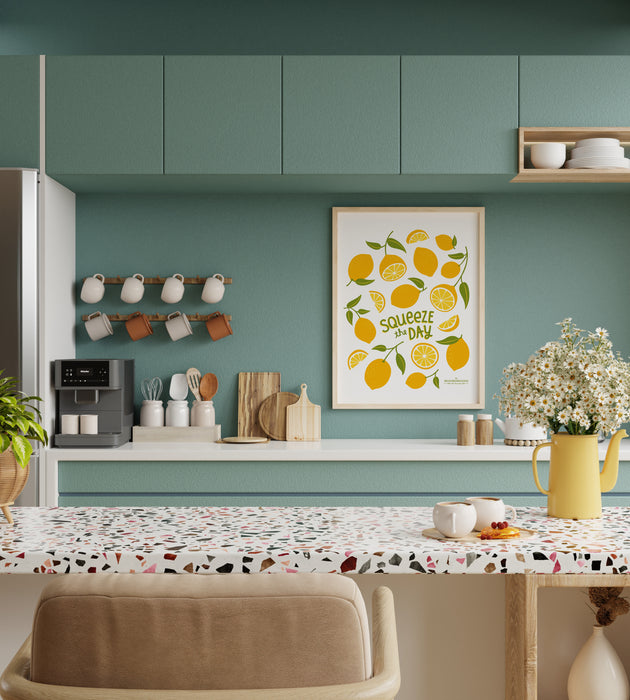 Lemons print in large size framed in a kitchen