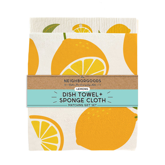 Matching dish towel and sponge cloth set with lemons design, featuring the phrase "Squeeze the day"