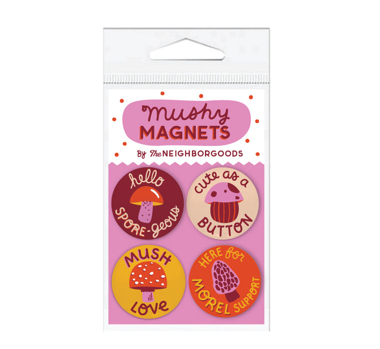 Mush Love set of 4 magnets with mushroom designs, featuring the phrases "Hello spore-geous," "Cute as a button," "Mush love," and "Here for morel support"