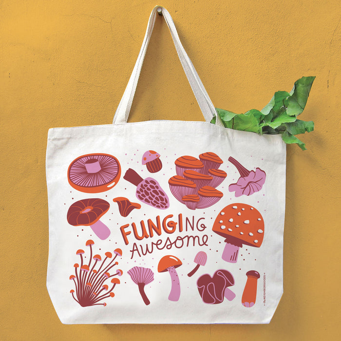 Mushroom tote holding produce, hanging on a wall