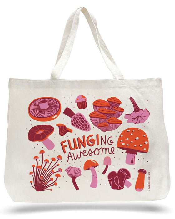 Large canvas tote bag with mushrooms design, featuring the phrase "Funging awesome"