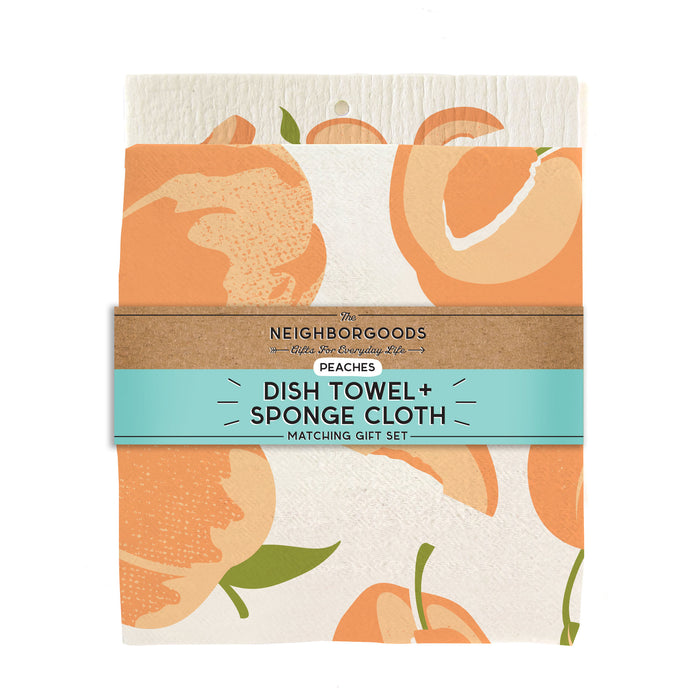 Matching dish towel and sponge cloth set with peaches design, featuring the phrase "Just Peachy"