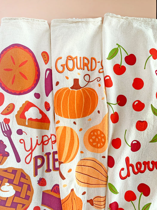 Cherry, Gourd, and Pie screen-printed dish towels