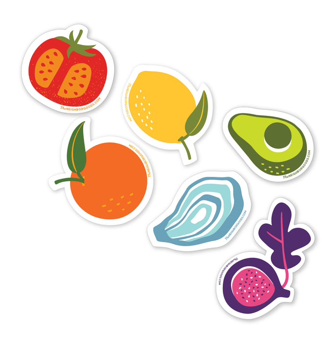 Set of 6 Neighborgood design stickers in a rainbow; including tomato, orange, lemon, avocado, oyster, and fig