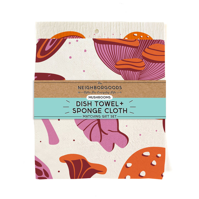 Matching dish towel and sponge cloth set with mushrooms design, featuring the phrase "Funging Awesome"