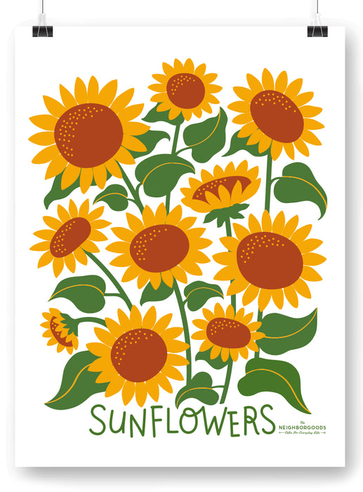 Sunflower design print, with the word "Sunflowers" and the Neighborhoods logo at the bottom