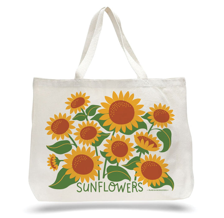 Large canvas tote bag with sunflowers design