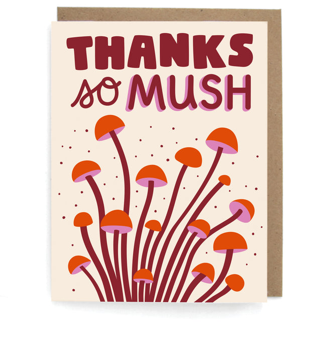 Beige card with mushroom designs, featuring the phrase "Thanks so mush," with a brown envelope