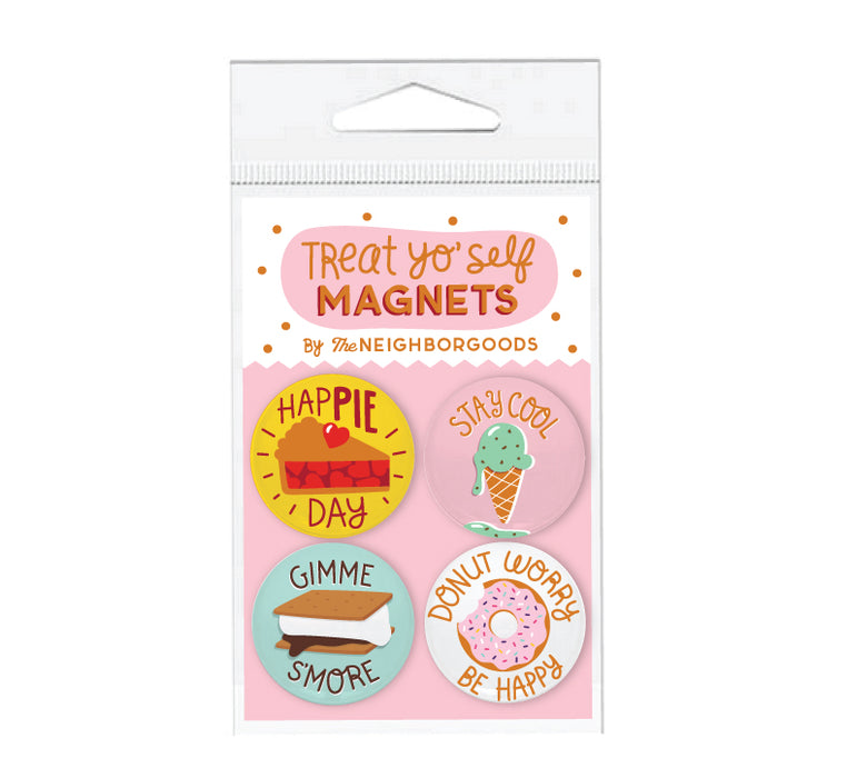 Treat Yo Self set of 4 magnets with foodie designs featuring the phrases "Happie day," "Stay cool," "Gimme smore," "Donut worry be happy"