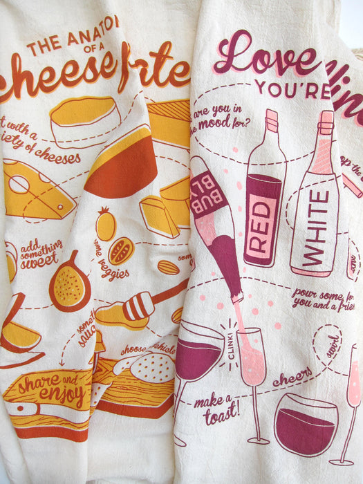 Screen-printed cheese and wine dish towels