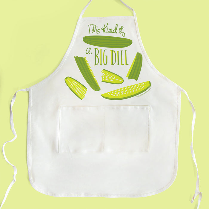Pickle apron with two pockets, featuring the phrase "I'm kind of a big dill"