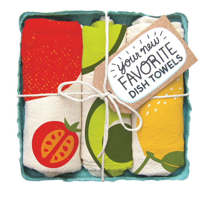 Avocado toast dish towel set, folded in a green berry basket tied with a gift tag