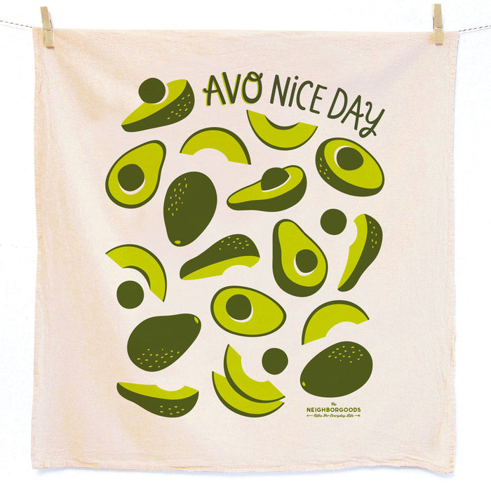 Cotton dish towel with avocado design, featuring the phrase "Avo nice day"