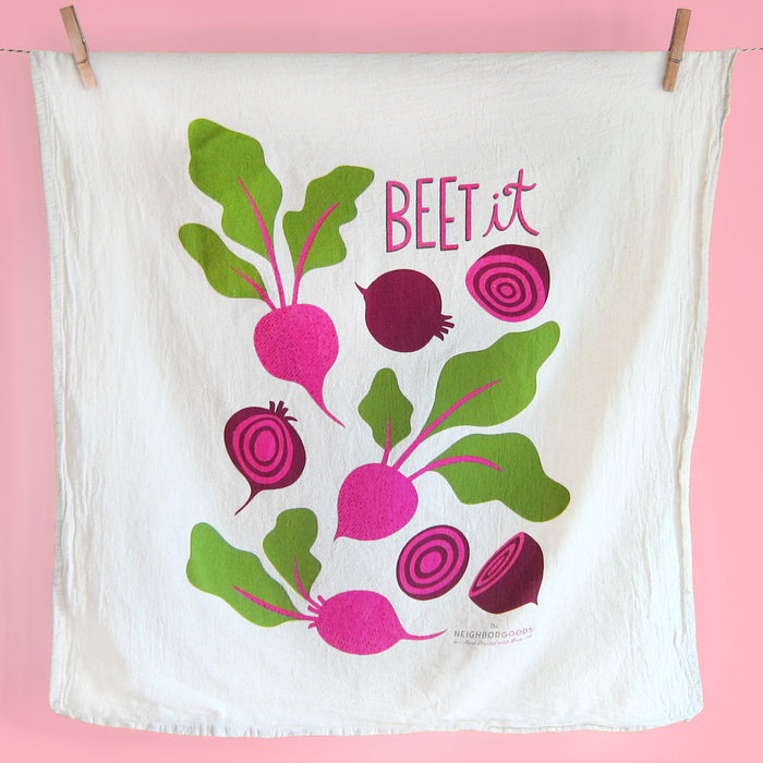 Cotton dish towel with beets design, featuring the phrase "Beet it"