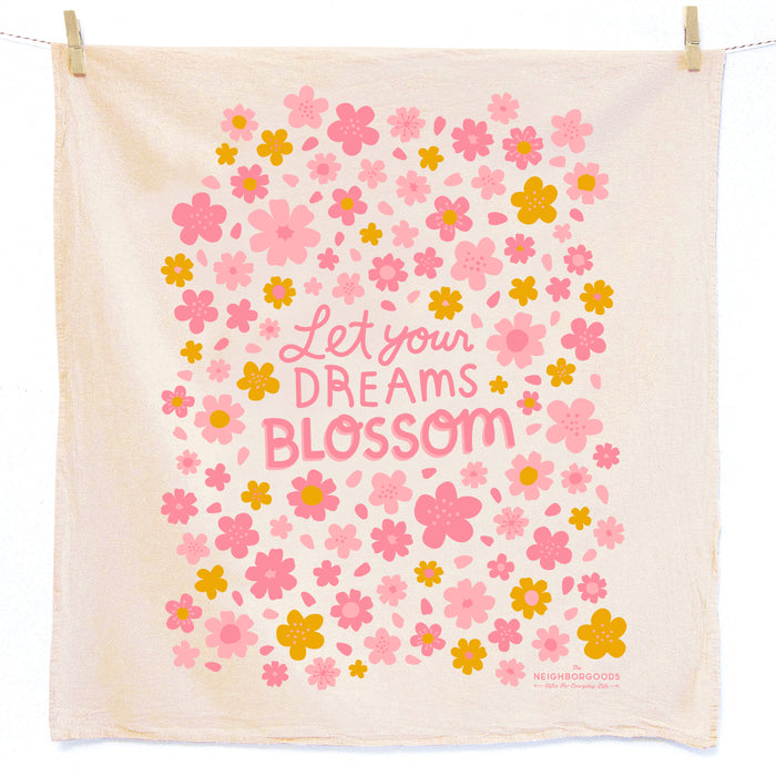 Cotton dish towel with blossoms print, featuring the phrase "Let your dreams blossom"