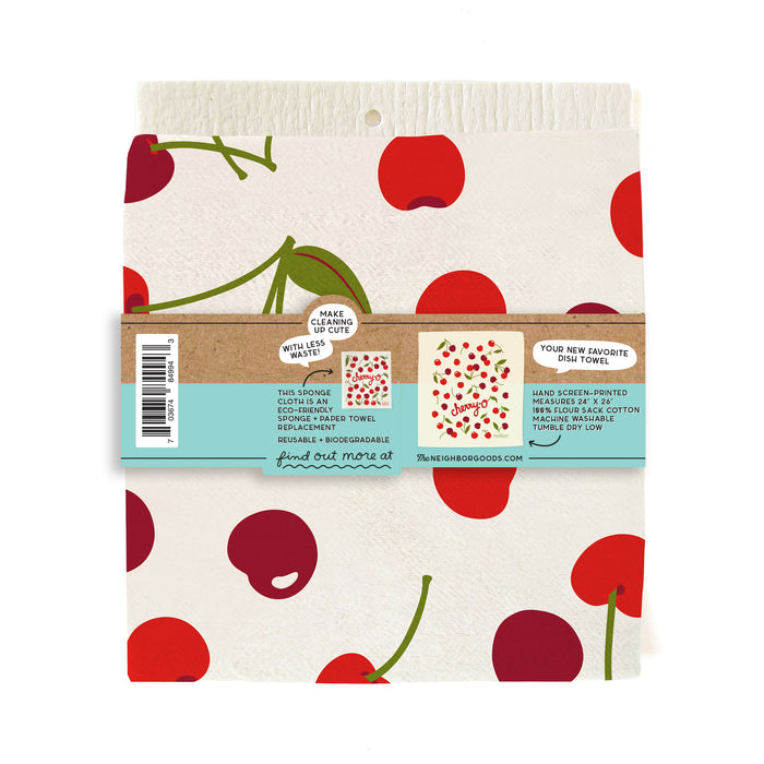 Back of matching dish towel and sponge cloth set with cherries design, featuring the phrase "Cherry-o"