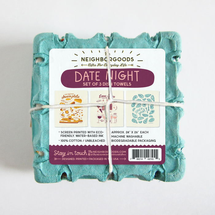 Bottom of date night dish towel set, featuring a sticker showing the designs of three towels packaged inside