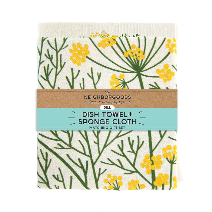 Matching dish towel and sponge cloth set with dill design
