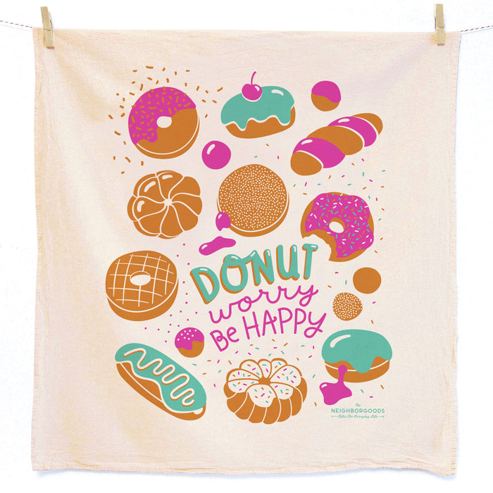 Cotton dish towel with donuts design featuring the phrase "Donut worry be happy"