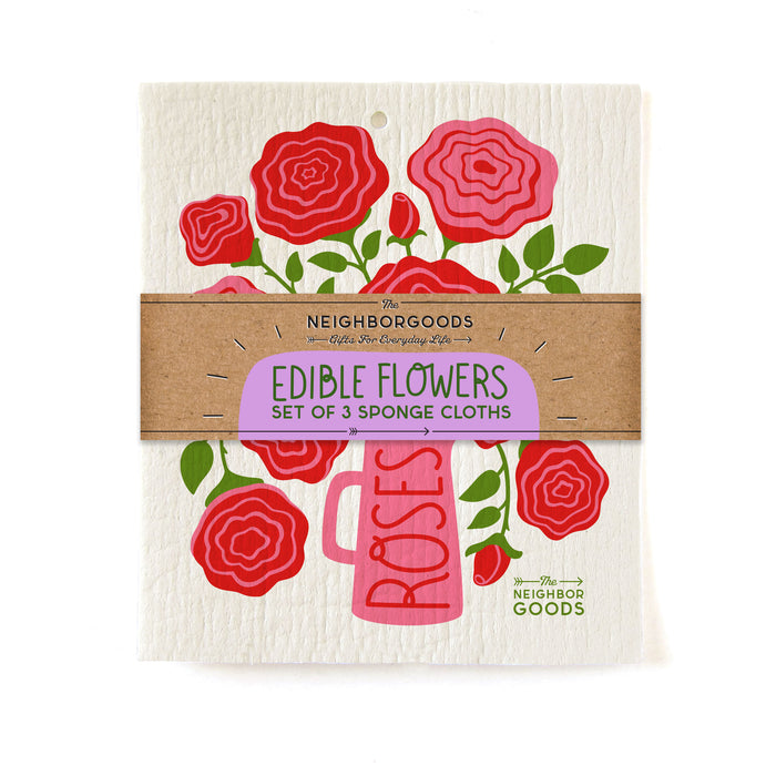 Edible flowers set of three reusable Swedish sponge cloths