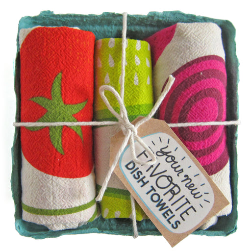 Farmers market dish towel set, folded in a green berry basket tied with a gift tag
