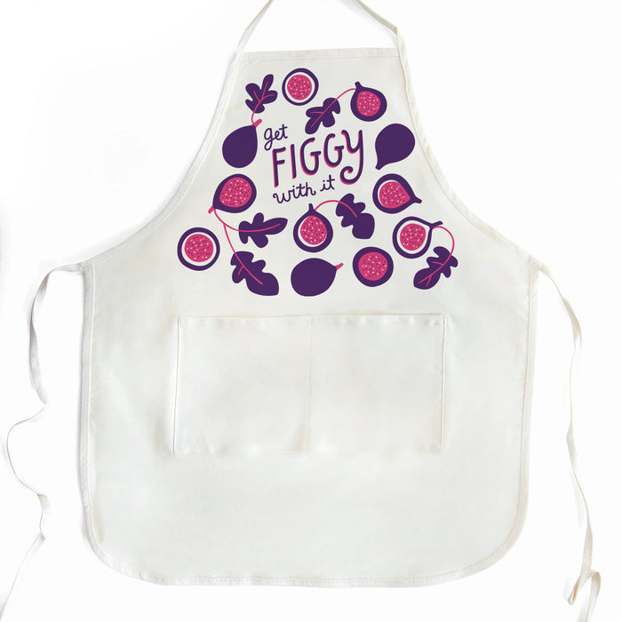 Fig apron with two pockets, featuring the phrase "Get figgy with it"