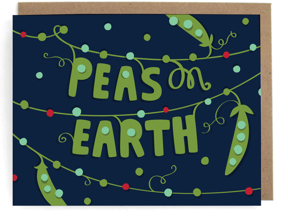 Dark blue card with peas and string lights design, featuring the phrase "Peas on earth," with a brown envelopeDark blue card with peas and string lights design, featuring the phrase "Peas on earth," with a brown envelope