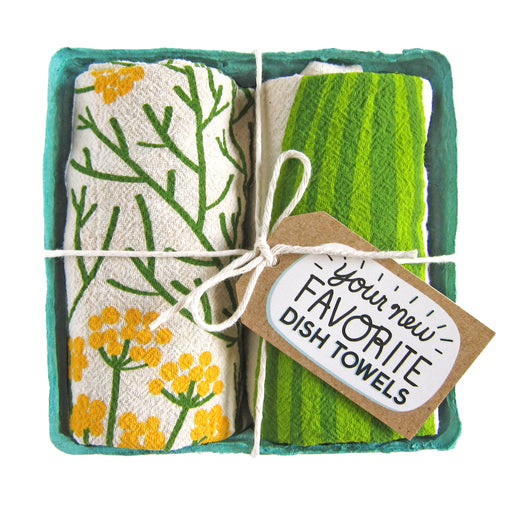 Big dill dish towel set, folded in a green berry basket tied with a gift tag