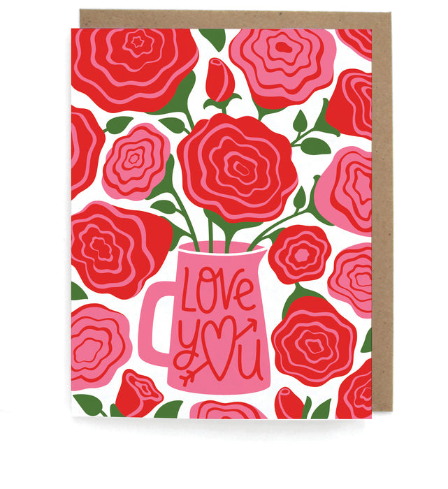 White card that pictures red and pink roses in a vase, featuring the phrase "Love you," with a brown envelope