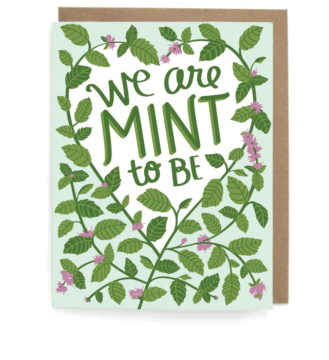 Light green card with mint heart design, featuring the phrase "We are mint to be," with a brown envelope