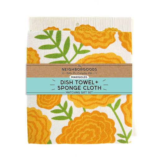 Matching dish towel and sponge cloth set with marigolds design