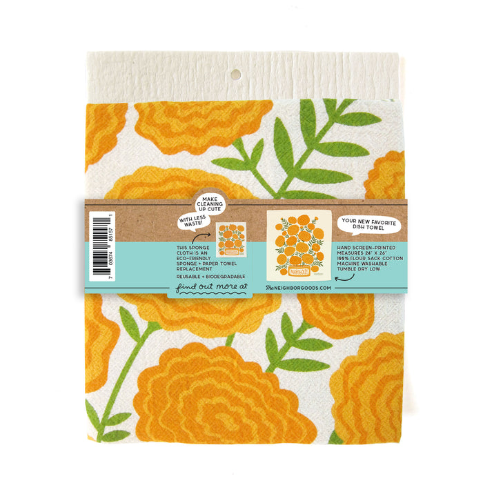 Back of matching dish towel and sponge cloth set with marigolds design