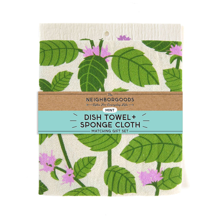 Matching dish towel and sponge cloth set with mint design
