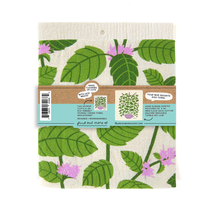 Back of matching dish towel and sponge cloth set with mint design